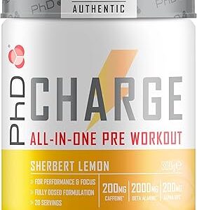 PhD Charge, All in One Pre Workout Powder Sherbert Lemon Flavour, 20 Servings Per 300g Bottle